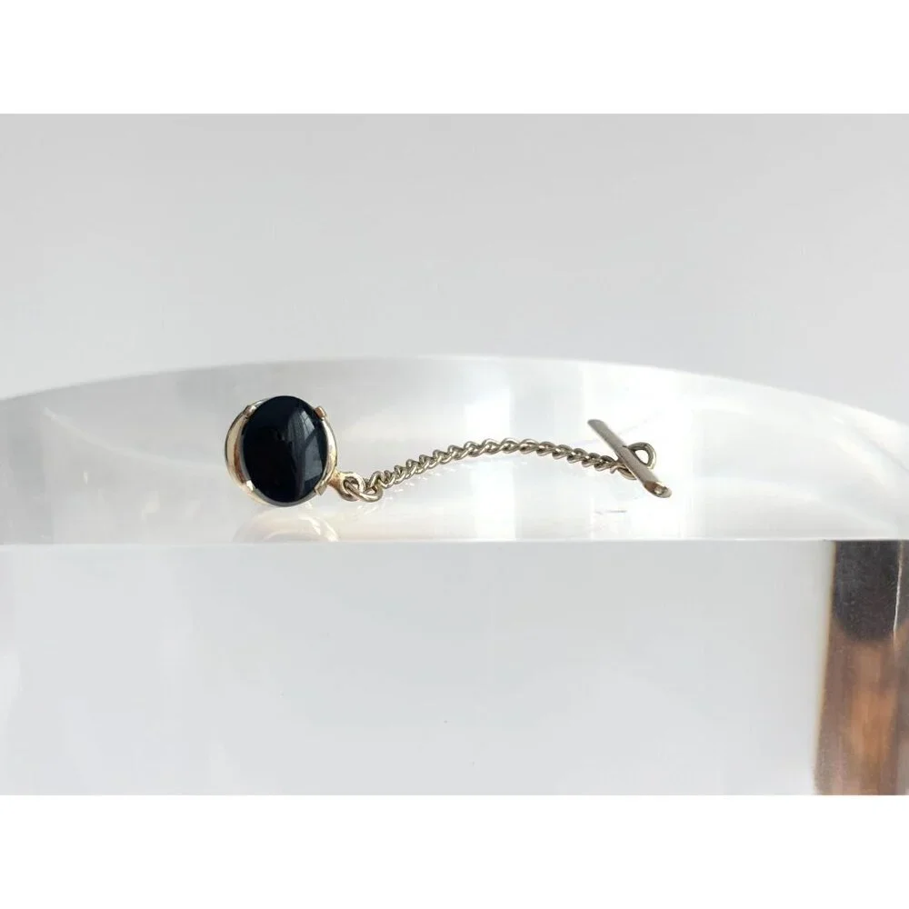 Faux Black Onyx Stone Silver Toned Vintage Men's Tie Tack